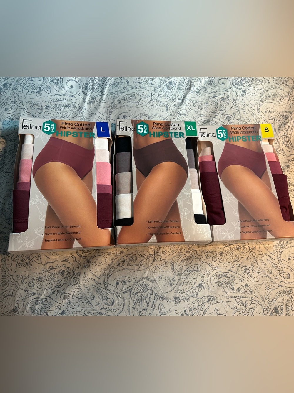 Felina Women's Hipster Panties Set in Burgundy and Pink Accents